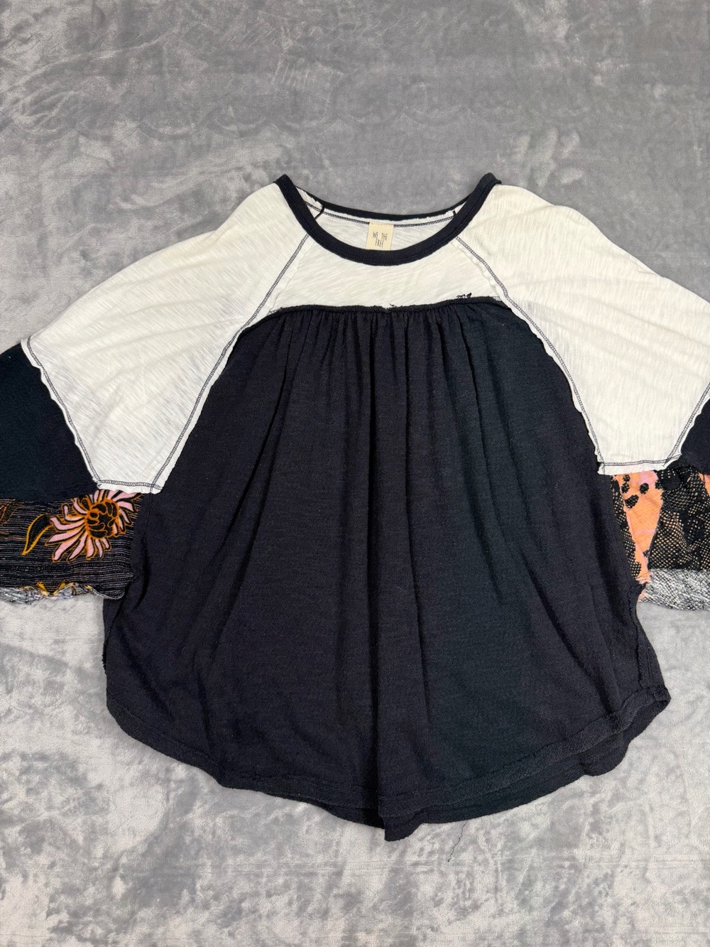 We The Free Friday Fever Black Top with White Raglan Sleeves and Floral Panels